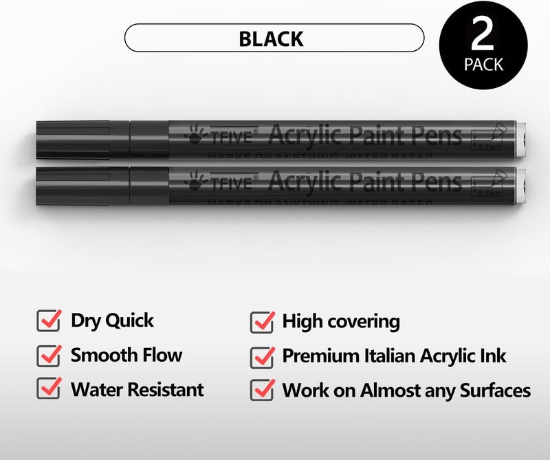 TFIVE Black Paint Marker Paint Pens - 2 Pack Acrylic Permanent Marker, 0.7mm Extra Fine Tip Paint Pen for Art Projects, Drawing, Rock Painting, Ceramic, Glass, Wood, Plastic, Metal, Canvas DIY Crafts - Image 2
